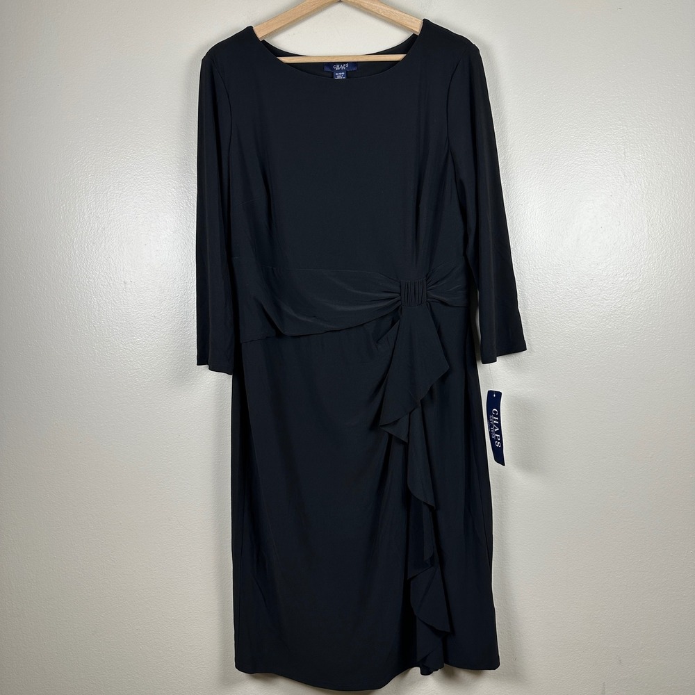 Chaps Women's XL Sheath Dress Black Ruffle Side 3/4 Sleeve Office Formal NEW